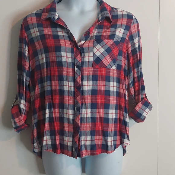 Market & Spruce Julianne red/ blue Plaid Button Up Flannel Top L Roll tab - Picture 1 of 3